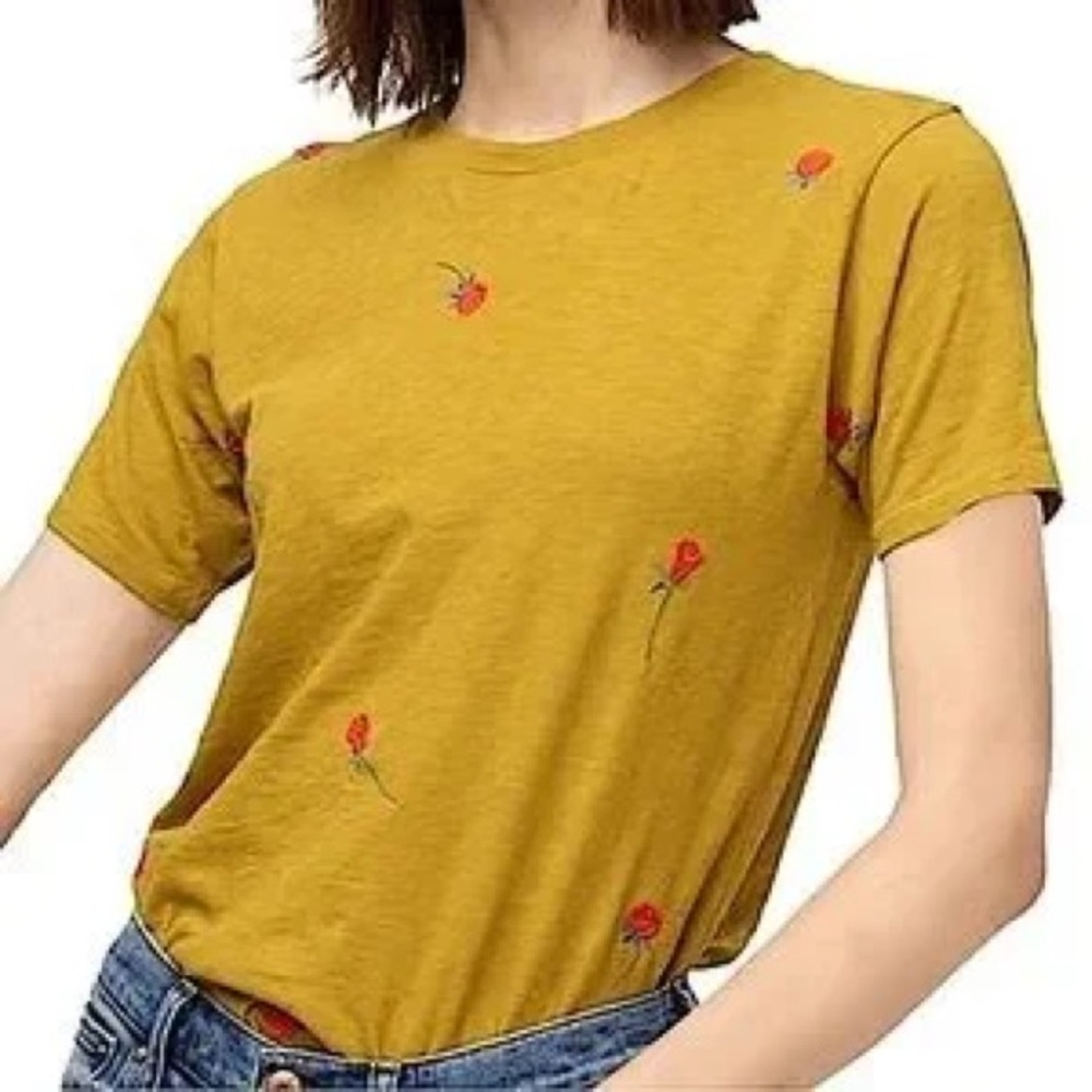 J.Crew Mustard Yellow Rose Embroidered Tee (Size Small)